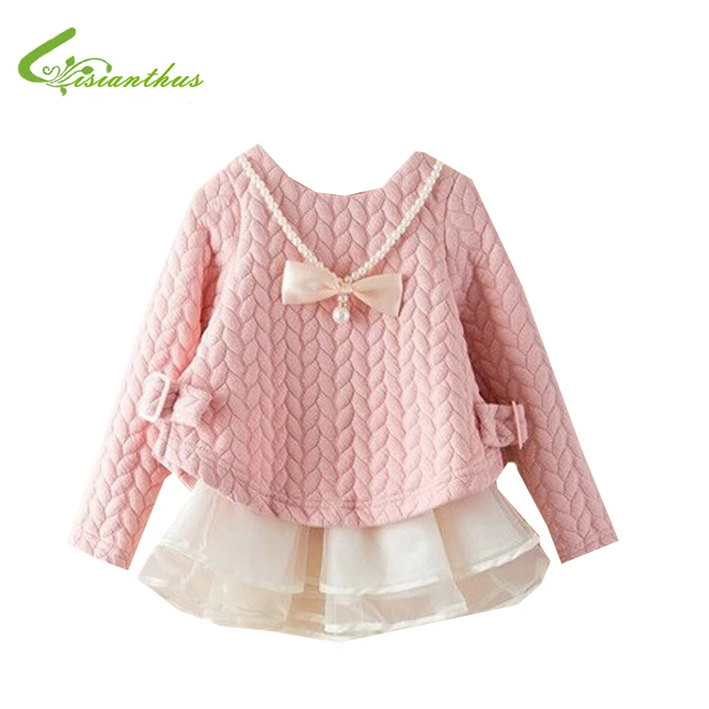 

2019 autumn and Winter girls' basic dress princess pearl and bow Decoration dress children lace Splice clothing Free drop shippi