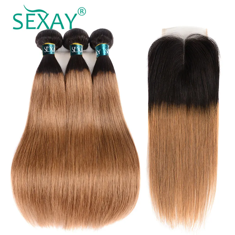 

SEXAY 1B/30 Brown Hair Bundles With Closure Two Tone Ombre Blonde Brazillian Straight Human Hair Weave 2/3 Bundles With Closure