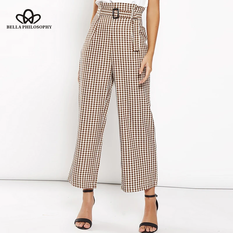 

Bella Philosophy cotton plaid print high waist wide leg pant casual women pants sashes pleated ankle length trousers bottoms