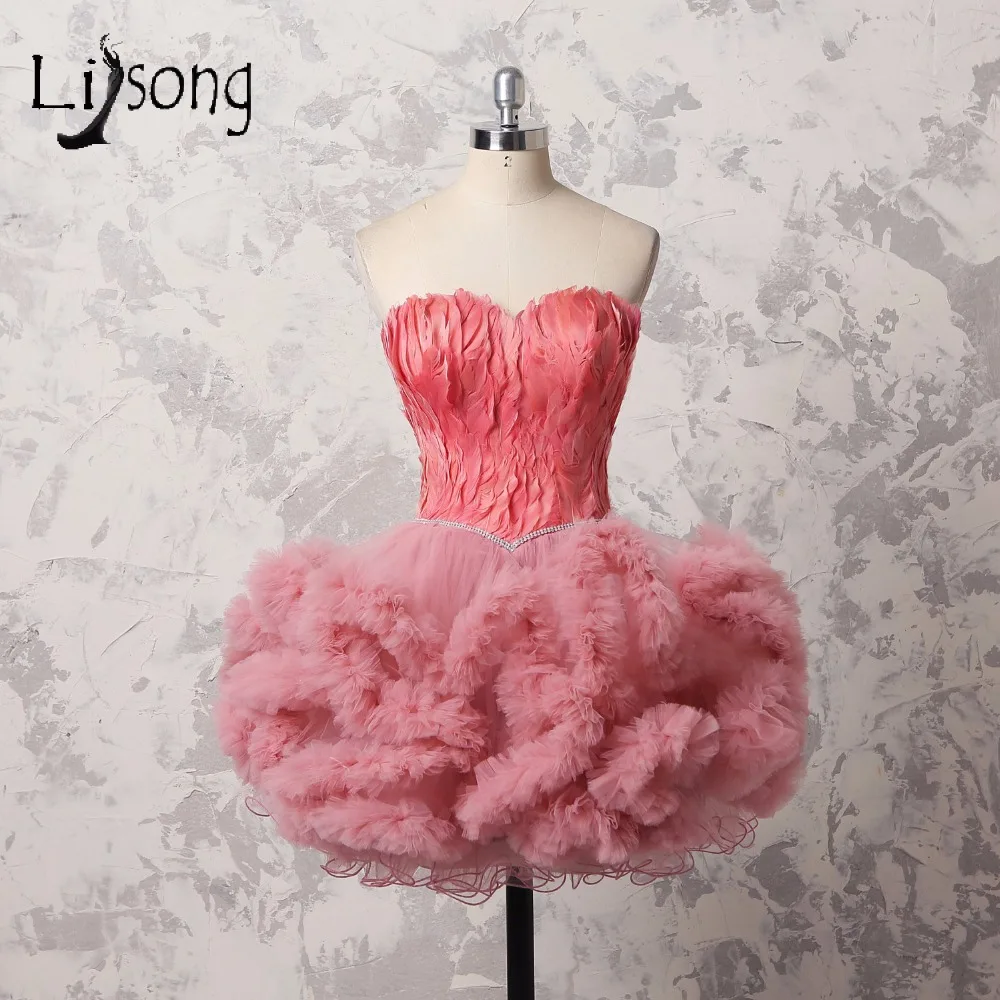 

Lovely Short Feather Cocktail Dresses 2018 Dusty Pink Crystal Mini Puffy Formal Party Dresses Ruffles Dress For Graduation