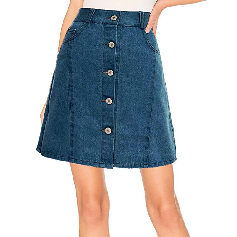 

2019 Summer Denim Skirt for Women Blue Vintage High Waist A-line Mini Skirts Single Button Pockets Jean Skirt Jupe Femme