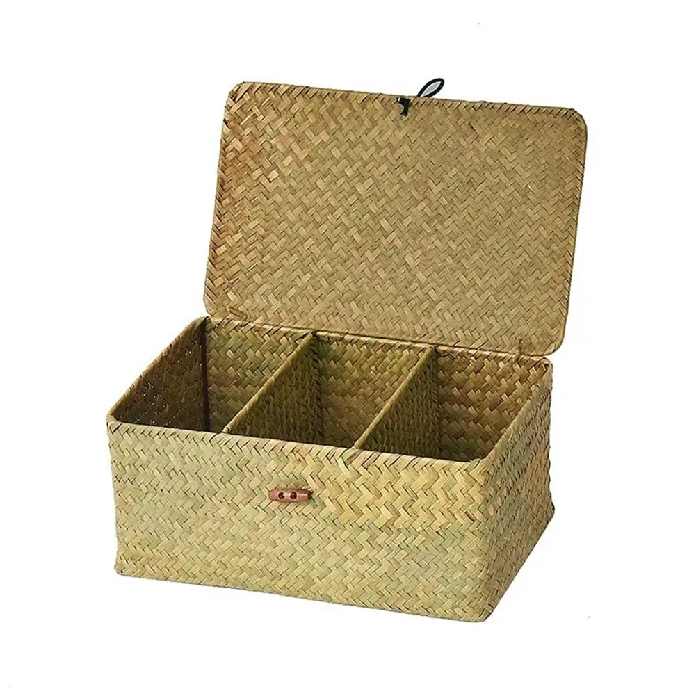 

2018 New Arrival Natural Handmade Seaweed Woven Storage Box Desktop Storage Basket Three Compartments With Lid Storage Basket