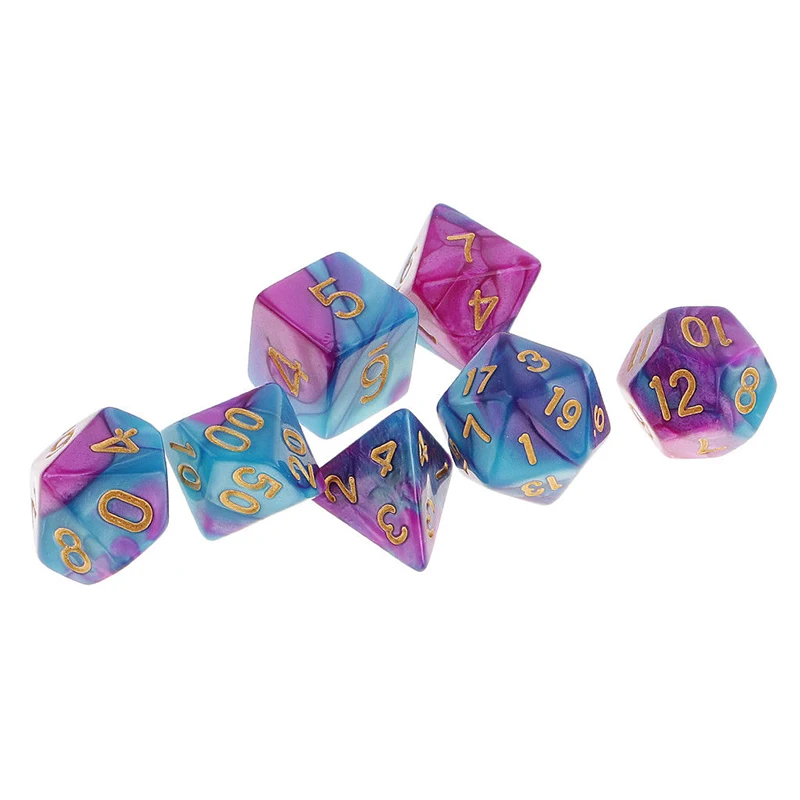 High Quality 7Pcs Purple Blue Pack Polyhedral Dice For DND TRPG MTG Party Board Games Toy Dice Set Gold Numbers