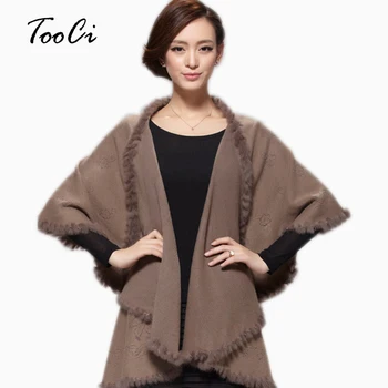 

New Elegant Women Spring Khaki Faux Fur Coat Fashion Rabbit Fur Collar Cashmere Cardigan Female Knitted Winter Poncho And Capes