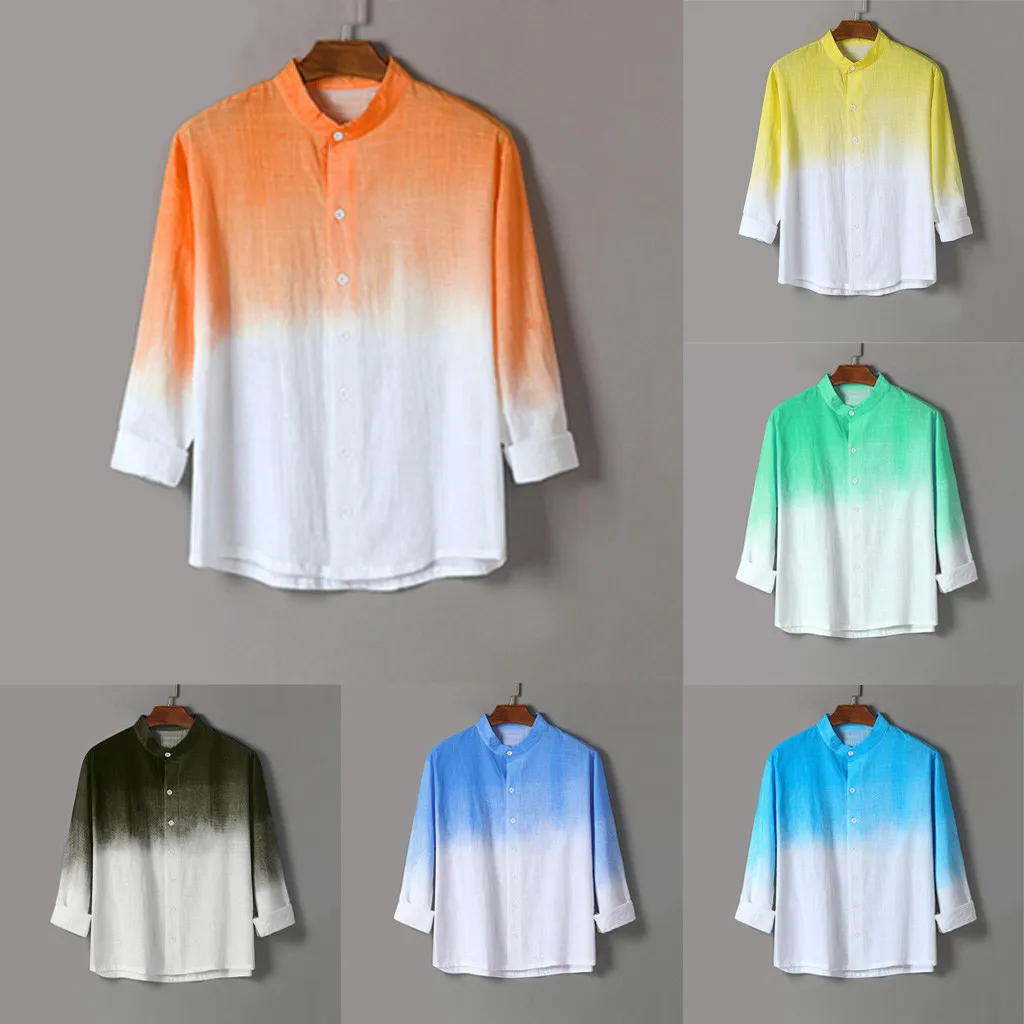 

WOMAIL fashion design make you more attractive Men Cool Thin Breathable Hanging Dyed Gradient Cotton Shirt W30701