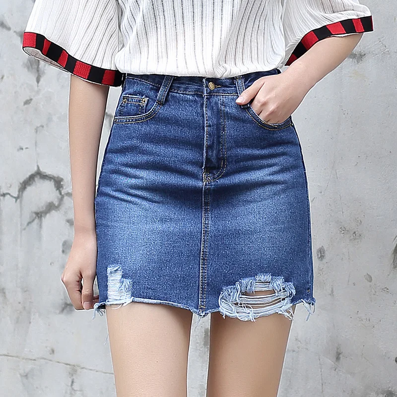 Yichaoyiliang Summer Tassels Holes Denim Skirt Distressed Ripped Jeans