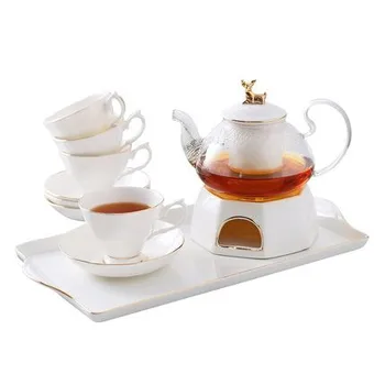 

Ceramic Glass Flower Teapot Afternoon Tea Set Candle Heat English Flower Tea Set [1 Pot +2 Cups saucers + 2 Spoons + 1 Base]