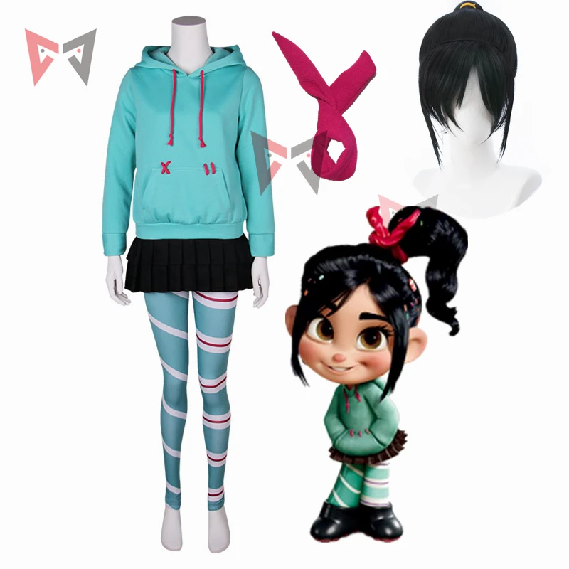 Skup MMGG wrak It Ralph przebranie na karnawał Vanellope von Schweetz gra anime bluzy spódnica rajstopy hairband dla dzieci dziewczyna kobiety