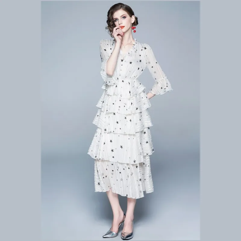 

2019 New Summer star Chiffon Dress Women Sexy V-Neck Layers Ruffles Party Long Dress Vintage A-line Flare Sleeve Maxi Cake Dress