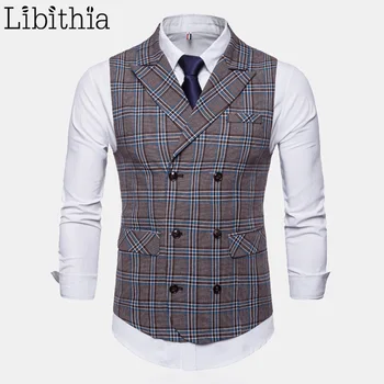 

Men's Casual Sleeveless Plaid Print Waistcoats Dress Suit Vest Big Size M-4XL Luxury Vest Autumn Suit Male Blue Coffee T195