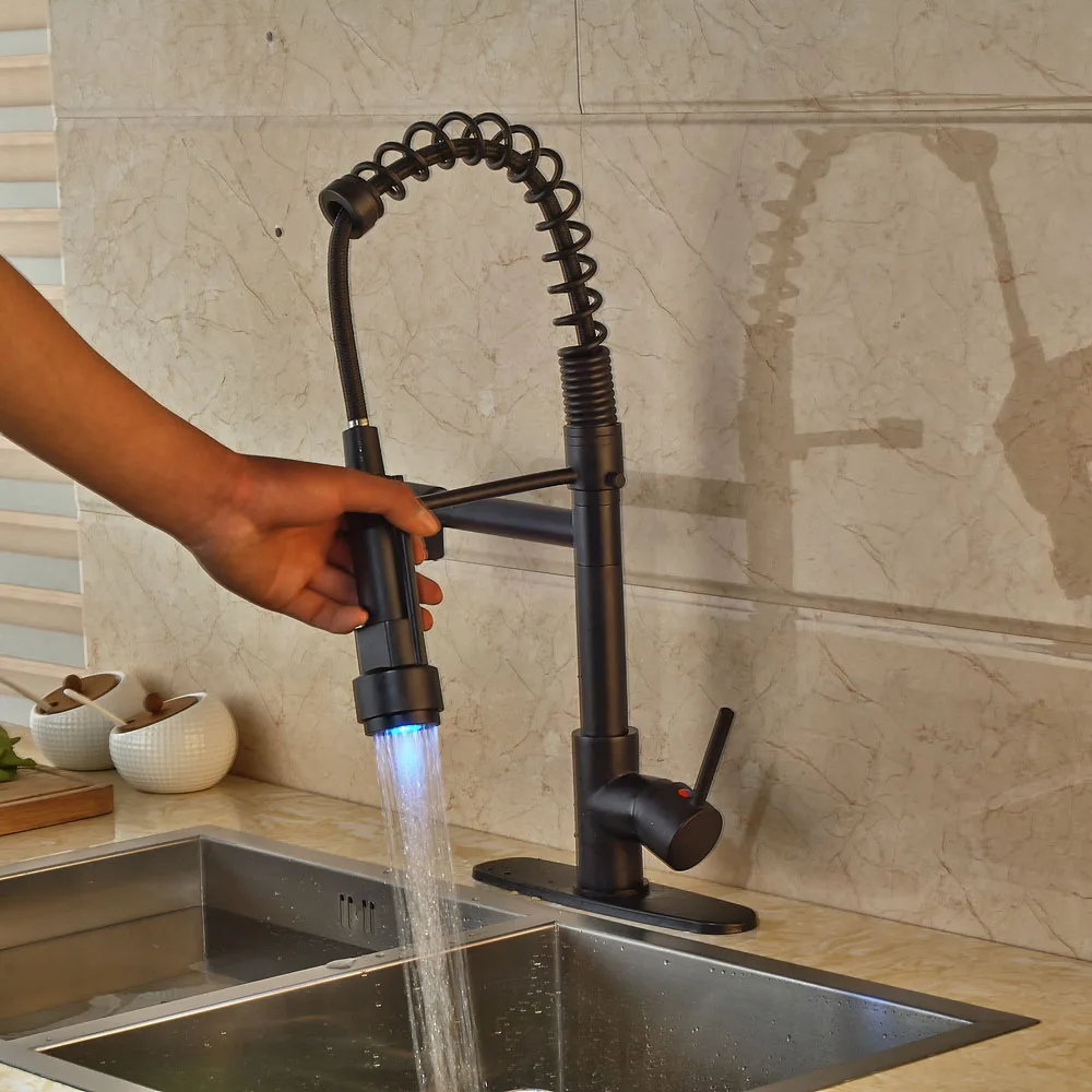 

Deck Mounted Single Handle Kitchen Sink Faucet Oil Rubbed Bronze LED Light Mixer Tap With Cover Plate