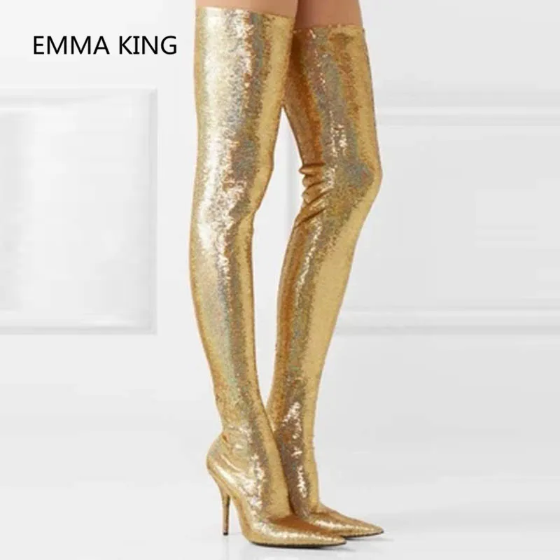

Runway Glitter Bling Winter Stretch Socks Boots Women Pointed Toe Party Shoes Sexy High Heels Stilettos Woman Over The Knee Boot