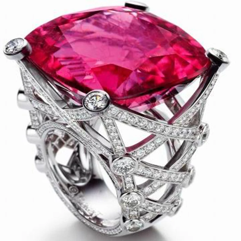New Anillos Qi Xuan_Jewelry_Big Red Stone Luxury Cocktails Finger Rings_S925 Solid Silver Rings_Factory Directly Sales | Украшения и