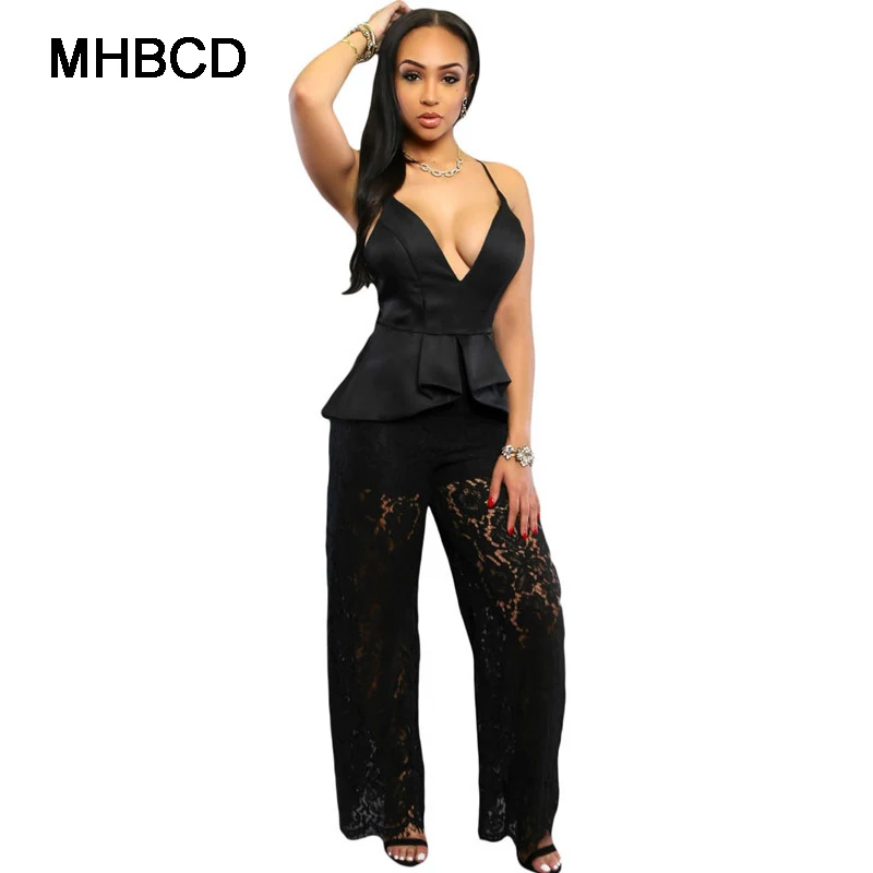 MHBCD Summer Fashion Sexy Club Women Plus Size Jumpsuits Lace Hollow