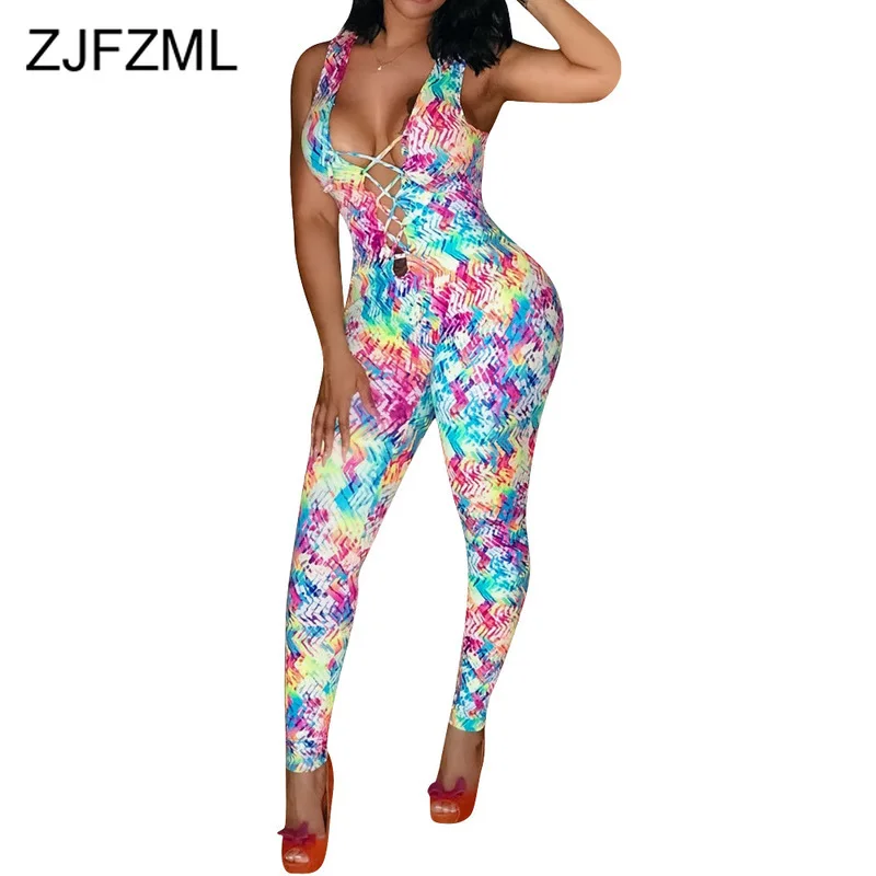 

Colorful Print Sexy Bodycon Romper Women Front Lace Up Hollow Sleeveless Skinny Jumpsuit Summer Backless Club Party Long Catsuit