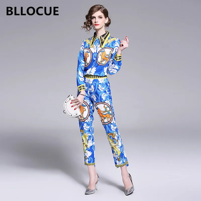 

BLLOCUE High Quality 2019 Designer Runway Two Piece Set Women Long Sleeve Tops And Vintage Print Fashion Pants