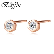BAFFIN Простые Модные мини шестигранные серьги-гвоздики золотого цвета, настоящее 925 пробы, серебряные ювелирные изделия, белые циркониевые серьги для женщин