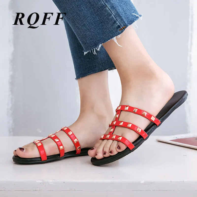 

Ladys Slippers Outside Flat With Slides 2019 Summer Shoes Rivet Soft Sole Women's Sandals Plus size 43 White Black Red Mule