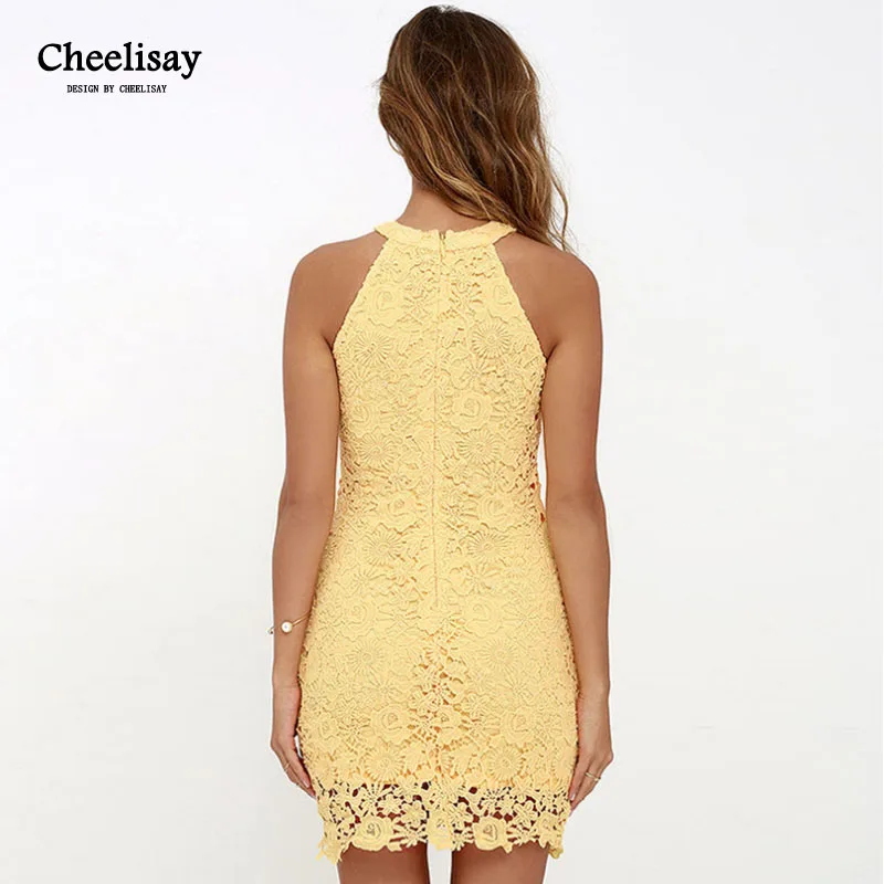 2019 Summer Women Halter Slim Pencil Dress Sexy Sleeveless Lace Hollow Out Ladies Mini Dress Femme Sexy Vestidos