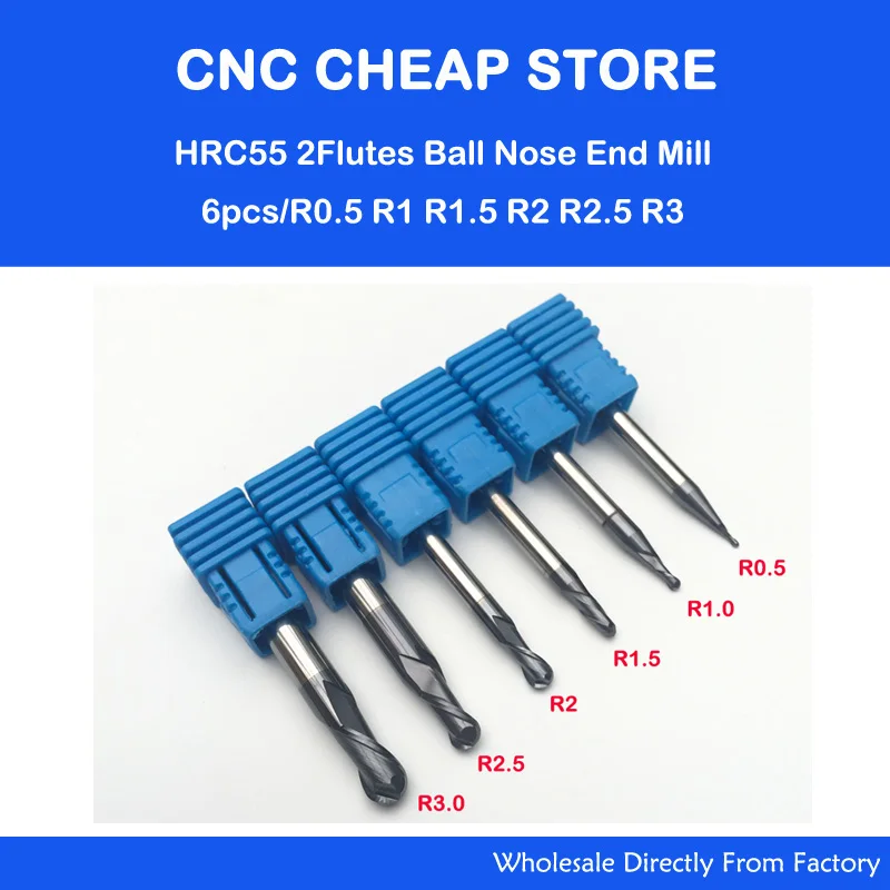 

6PCS HRC55 Tungsten Steel Carbide double flute End Mill Bit Milling Cutter Tools Ball Nose CNC Router R 0.5,1,1.5,2,2.5,3mm