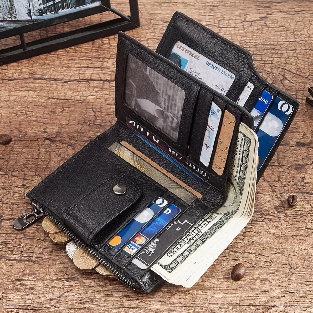 Мужской смарт кошелек KAVIS из натуральной кожи с rfid защитой и сигнализацией черный