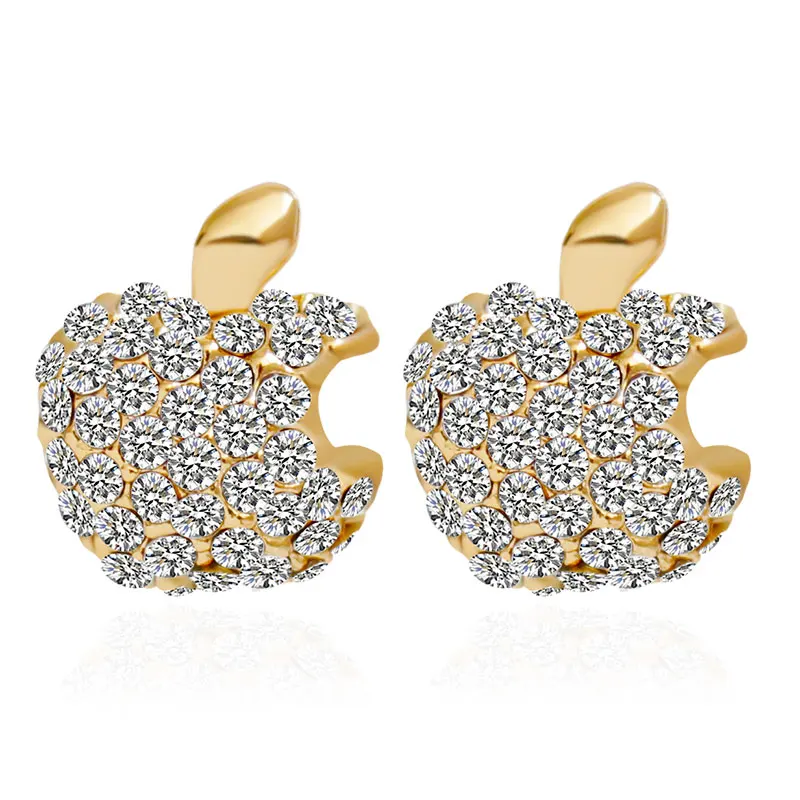 

F&U Zinc Alloy New Exquisite Apple Logo Rhinestone Metal Gold Color Earrings Stud#200