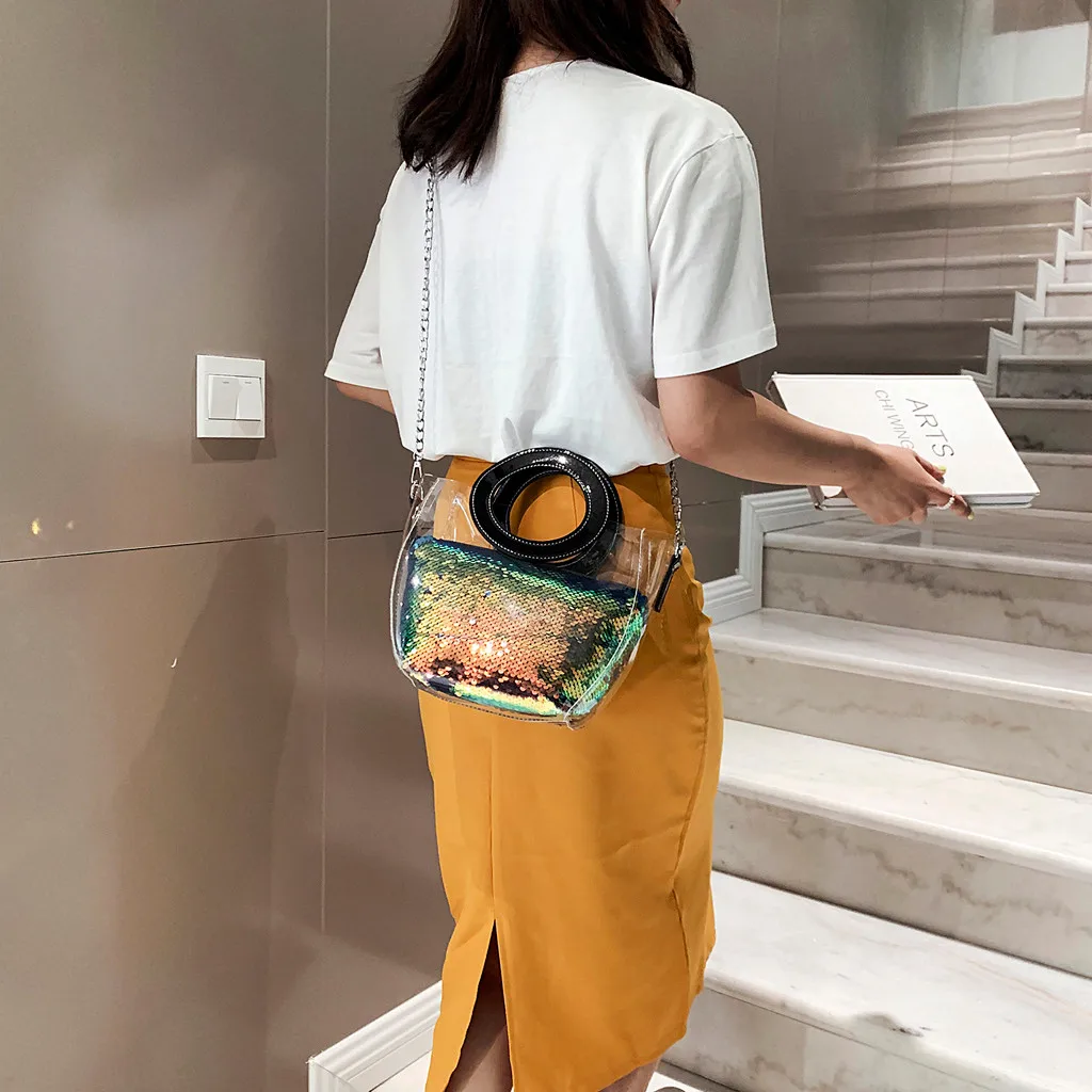 

Fashion Women PVC Sequins Zipper Crossbody Bag Waterproof Beach Bag Messenger Bag With Interior Slot Pocket size 15X10X20cm 10H