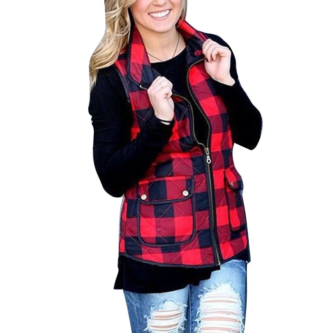 Koop Herfst Winter Vrouwen Kleding Sexy Rood Zwart Plaid Print Rits Vest Vrouwelijke Warme Mouwloos Katoenen Jassen Jassen Zakken Uitloper