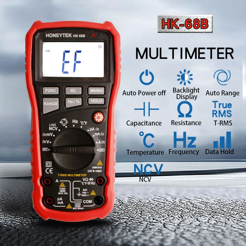 

Handheld Digital Multimeter AC / DC Current Voltage Resistance Capacitance Frequency Temperature Multi Tester HK68B