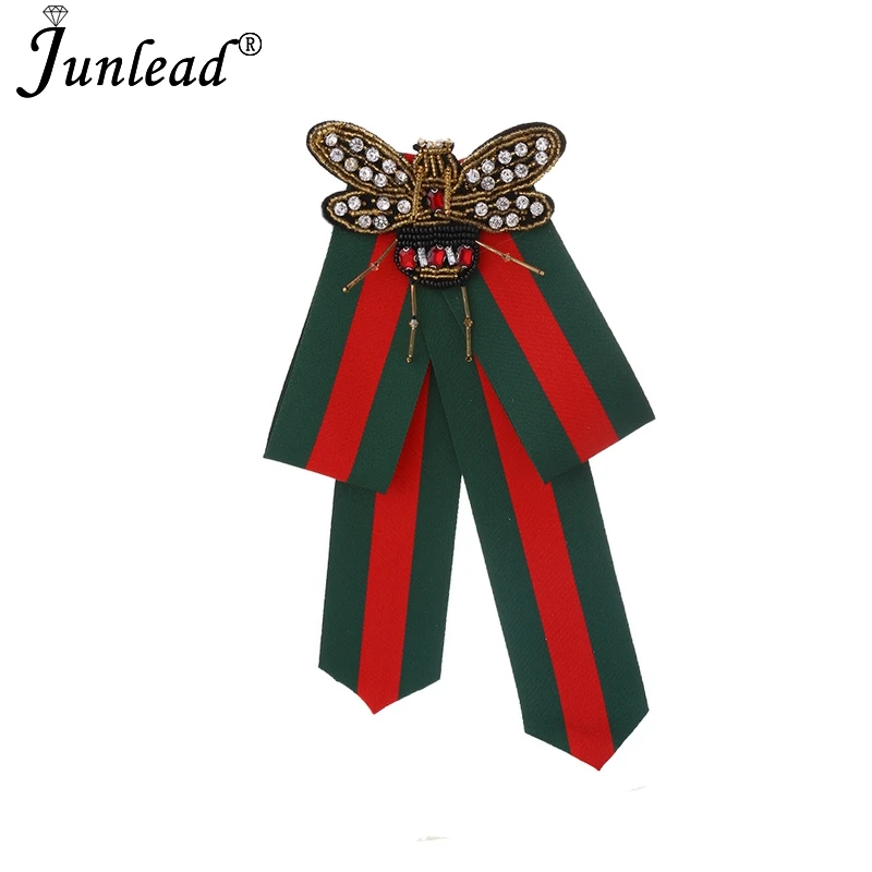 

Junlead Luxury Royal Baroque Fabric Bowknot Pins Handmade large Beads Bee Bow Tie Women Brooch Corsage Dress Shirt Jewelry Gift