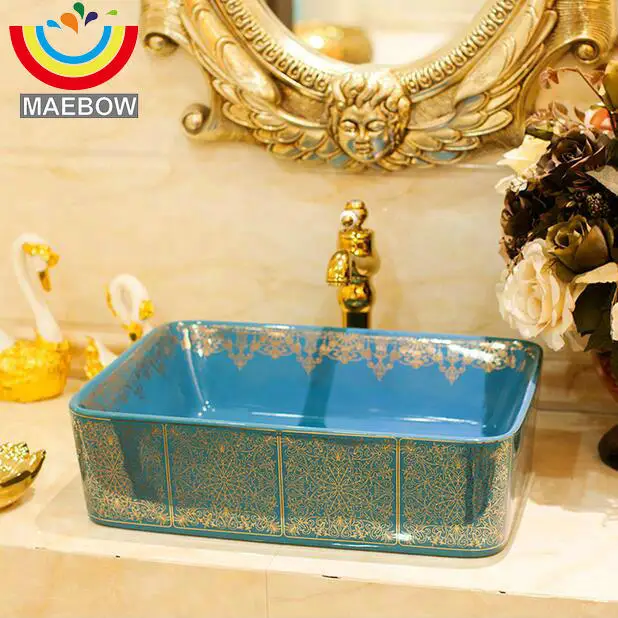 

Blue Rectangular Porcelain Ceramic Countertop Bathroom Sink Wash Basin