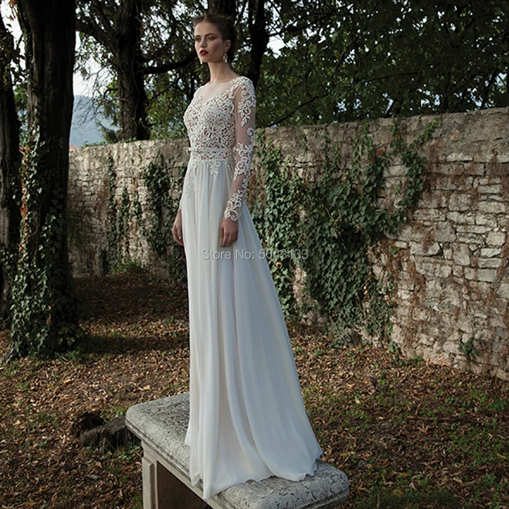 

Boho Wedding Dresses 2019 Sexy Backless Appliques Long Sleeve Wedding Bridal Gowns Backless Floor Length Bride Dress Beach
