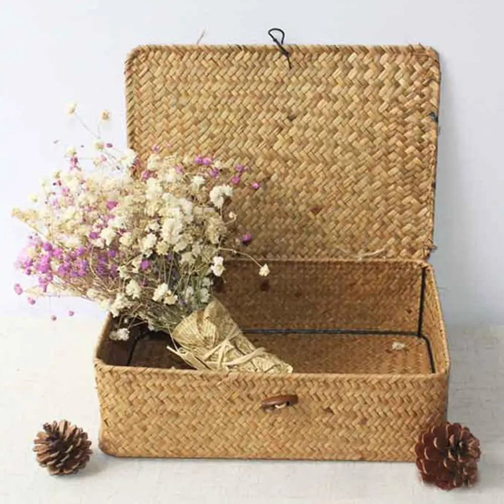 

Seaweed with button woven basket straw woven debris desktop storage box Hand-woven storage basket Clothing storage basket