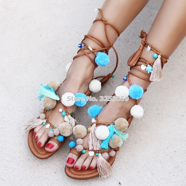 Almudena Bohemian Style Sky Blue Pom Pom Flat Sandals Lace-up Fringe Beach  Dress Shoes Sweet Mixed Color Tassel Flip Flops - Women's Sandals -  AliExpress