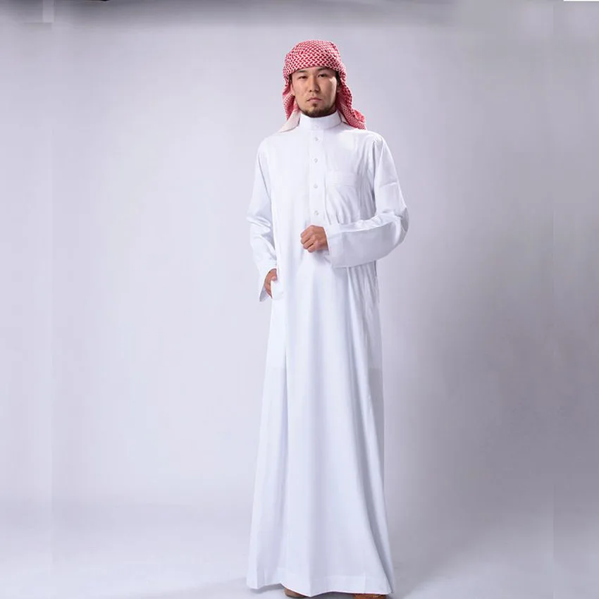 

Saudi Arabia Traditional Costumes Man Muslim Jubba Thobe Solid White Stand Collar Polyester Long Robe Gown Islamic Clothing