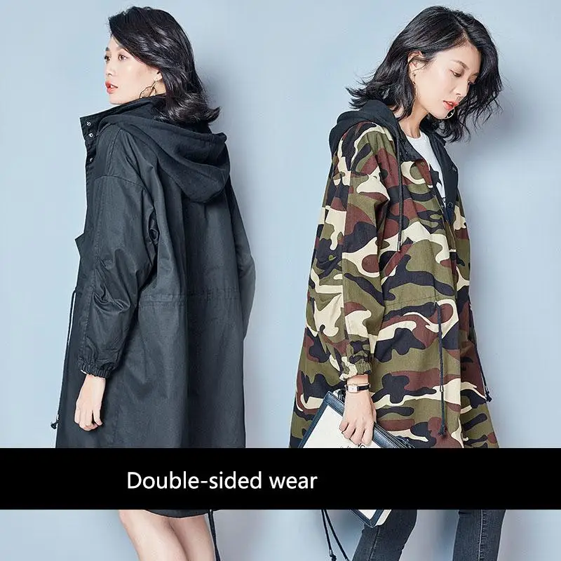 

Autumn Plus Size Women Double Faced Windbreaker Long Coat Hooded Camouflage Jacket Pregnancy Clothes Winter Maternity Outerwear