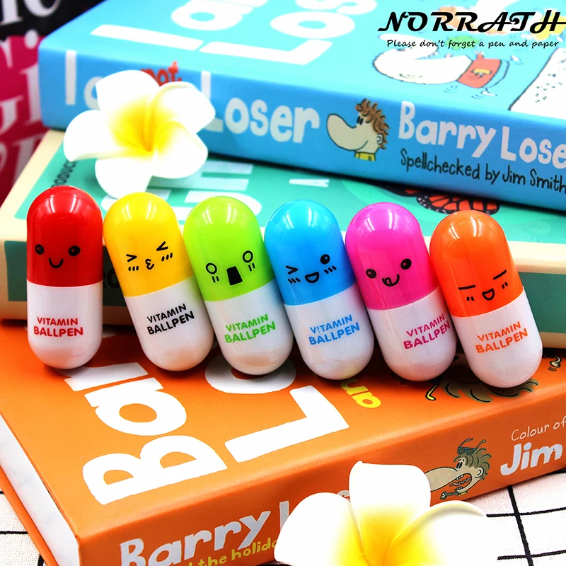 

6 Pcs/lot Lovely Kawaii Smiling Face Vitamin Pill Ballpoint Pen Cute Stationery Telescopic Novelty Ballpen School Supplies