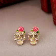 Женские модные аксессуары, 1 пара, персональные милые розовые розы, стразы, скелет, череп, серьги-гвоздики, серьги-0115