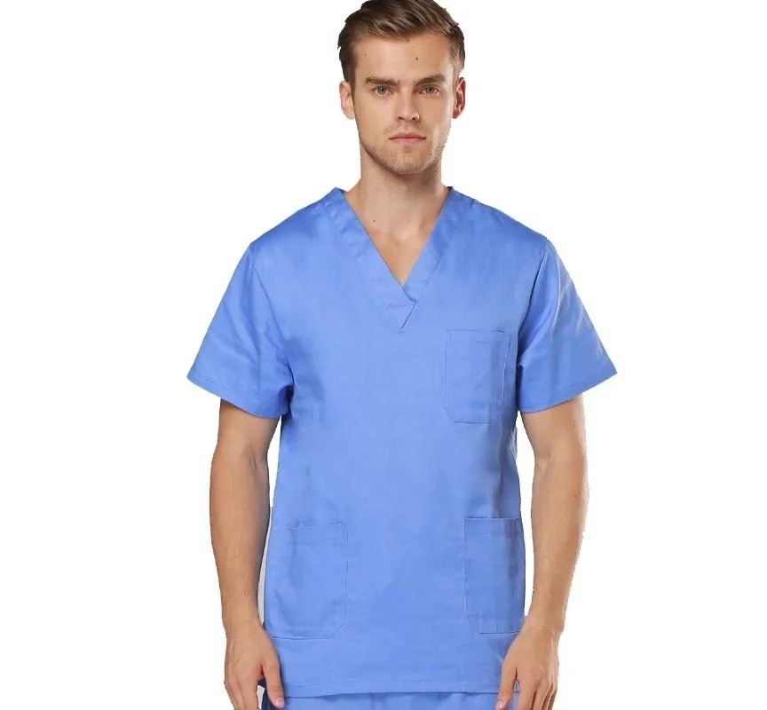 Мужские скрабы набор из чистого хлопка медицинская форма классические v-образные вырезы+ пара брюк с коротким рукавом медицинская одежда медсестры - Цвет: blue set