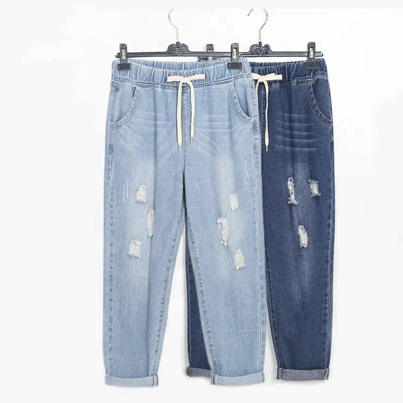 Большие размеры 4XL 5XL рваные джинсы для женщин на шнуровке Высокая талия свободное джинсовое платье винтажные повседневные шаровары джинсы Femme C3556