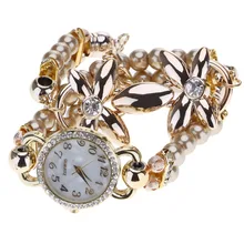 Модные кварцевые часы наручные часы Faux жемчужный обруч браслет со стразами цветок