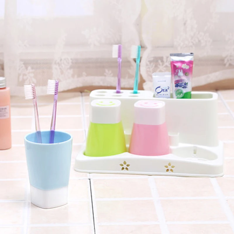 Plastic Bathroom Set Accessories 4Pcs/Set Tumbler Toothpaste Toothbrush Holder Stand Storage Rack Bathroom Decorate