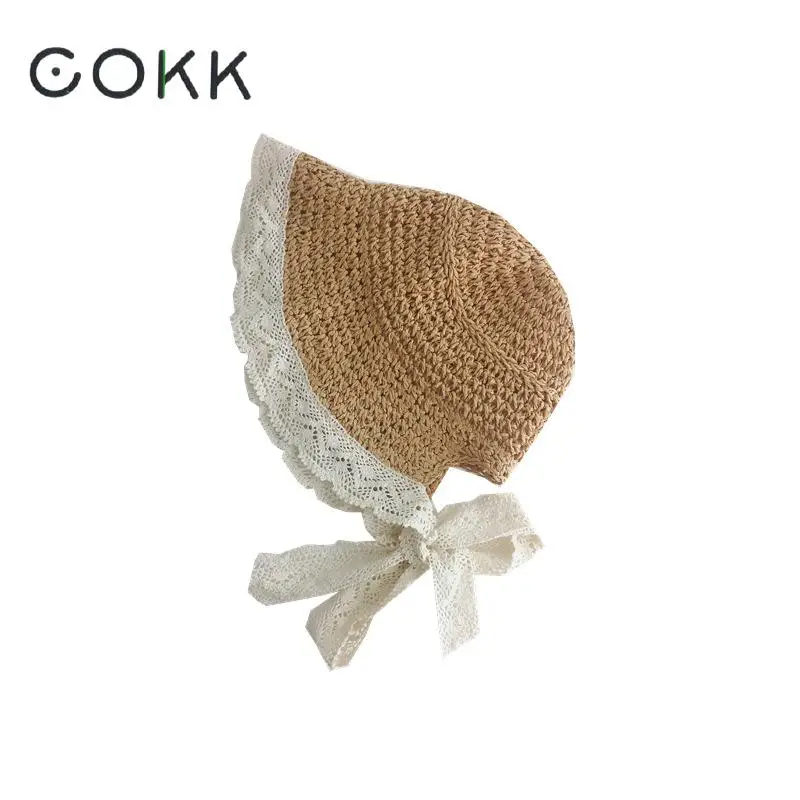 

COKK Summer Hats For Girls Straw Hat With Lace Ribbon Bow Kids Baby Girl Bucket Hat Handmade Children Sun Hat Beach Vacation New