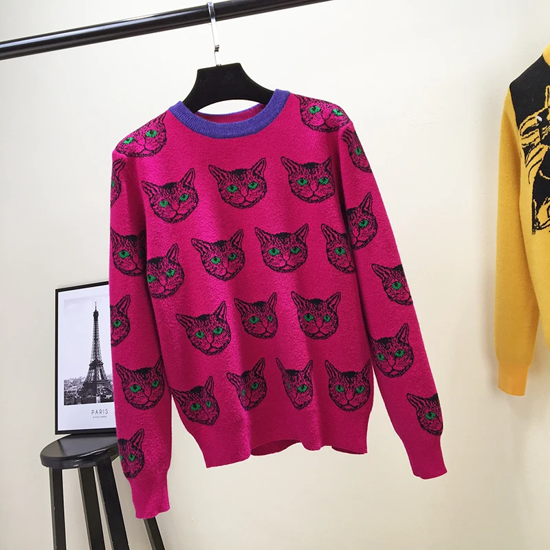 

2018 new autumn and winter fashion leisure women all-match loose sweater head shirt sweater embroidered cartoon cat