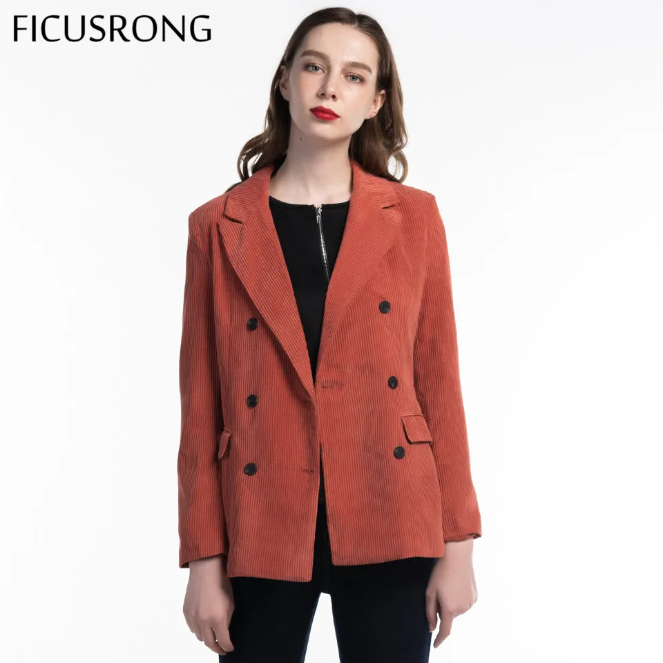 

FICUSRONG New Autumn Women V Neck Slim Corduroy Blazer Coat Office Lady Fashion Coral Red Double Breasted Pocket Button Outwear
