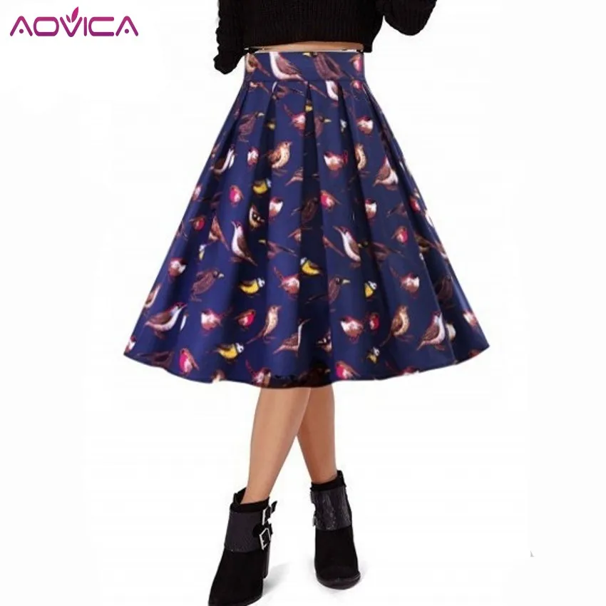 Aovica Pleated 50s Skirts Jupe Womens Summer Bird Swing Skirt High