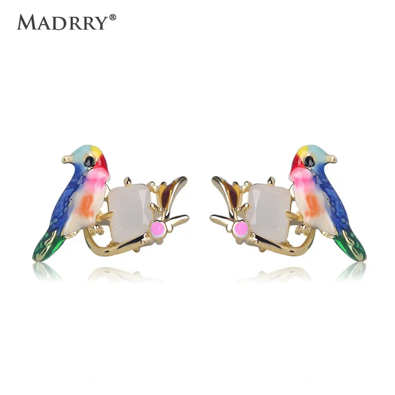 Madrry, глазурные серьги-гвоздики с птицами, эмалированные серьги-гвоздики Lucite для женщин, модные вечерние ювелирные изделия для ушей, серьги с белым опалом и драгоценным камнем в виде животных