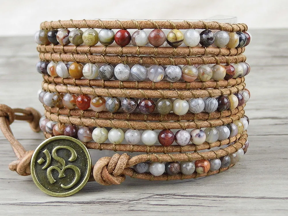 Boho Wrap Bracelet gypsy Leather wrap bracelet Crazy natural beads brown leather natural stone Jewelry friendship gift 2017 new triple leather wrap bracelet for women fancy stone handmade multilayer czech glass beads leather rope jewelry