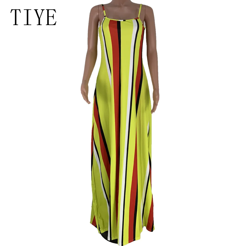 TIYE Yellow Loose Vintage Bohemian Maxi Dress Women O Neck Sleeveless Spaghetti Strap Dress Summer Casual Vocation Long Dress