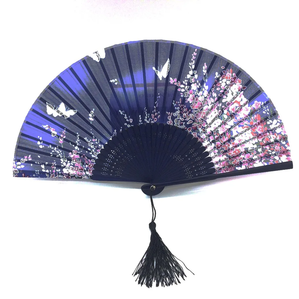 Wisteria Flower and Butterfly Design Japanese Bamboo Silk Fan Blue Color Wisteria Flower and Butterfly Design Japanese Bamboo Silk Fan Blue Color